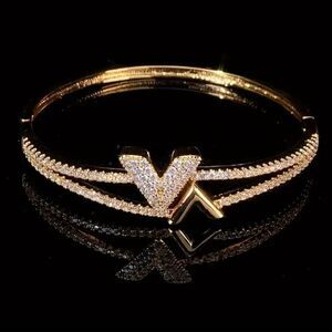 Gold Luxury Diamond Letter V Bangle Bracelet